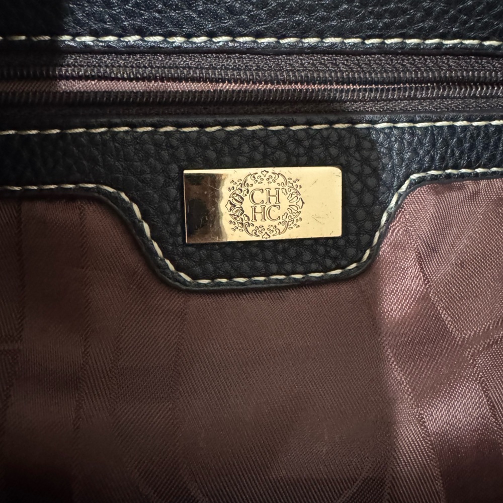 Carolina Herrera Black Embossed Leather Shoulder Bag with Gold Accents - Picture 3 of 3